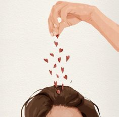 a woman's head with hearts coming out of her hair and hands reaching for it