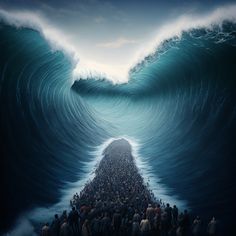 a large group of people standing in front of an ocean wave