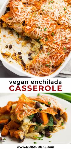 vegetarian enchilada casserole with black beans and cheese in a white dish