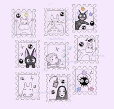 six stamps with cartoon animals on them