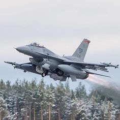 a fighter jet flying through the air with trees in the background and snow on the ground