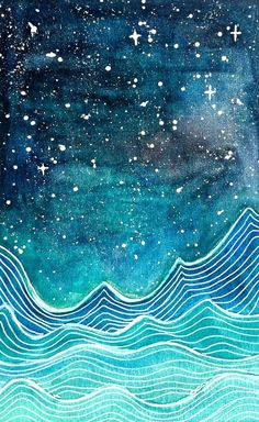 an ocean scene with stars in the sky and waves painted on it's surface