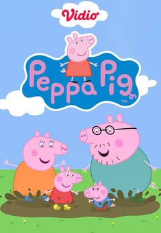 peppa pig is standing in the mud with two little pigs and an older man