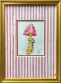 a drawing of a mushroom with pink and white stripes on the wall in a gold frame