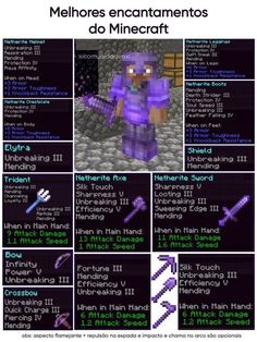 an image of a minecraft character in different colors and sizes, with the words melhores encantamentos do minecraft