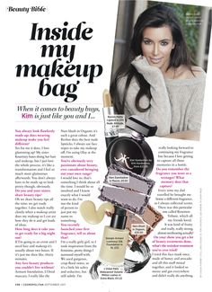 a magazine article with an image of a woman and makeup products on it's page