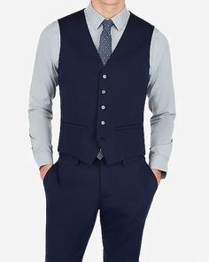 Navy Cotton Blend Performance Stretch Suit Vest | Express Blue Suit Vest, Grey Suit Vest, Black Suit Vest, Checkered Suit, Denim Vests, Mens Suit Vest, Mens Suit Jacket, Vest Designs, Plaid Suit