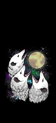 three white polar bears sitting in front of a full moon with stars and space behind them