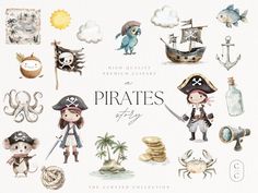 watercolor pirate clipart set for the creative use of digital scrapbooking and design projects