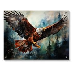 a painting of an eagle flying over trees