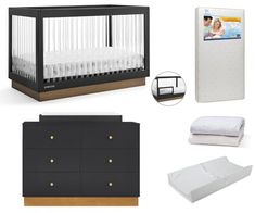 a baby crib, changing table and bedding