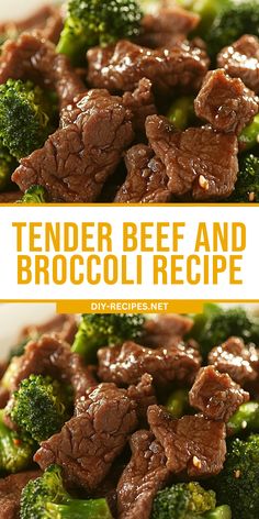 tender beef and broccoli in a white bowl with text overlay that says tender beef and broccoli recipe