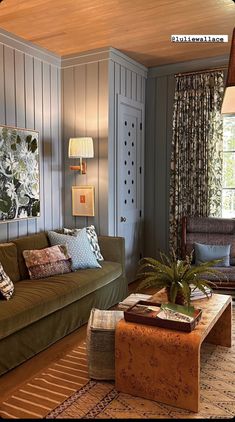 a living room with couches, lamps and pictures on the wall behind them in shades of green