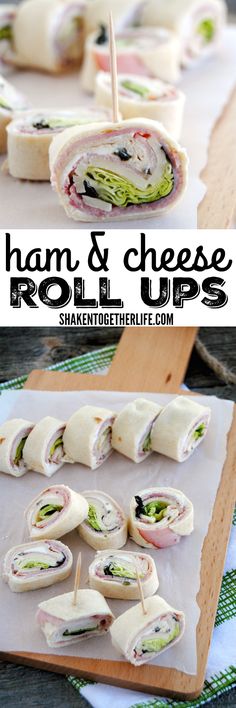 ham and cheese roll ups on a cutting board