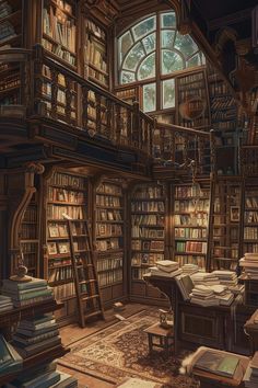 a room filled with lots of books next to a window