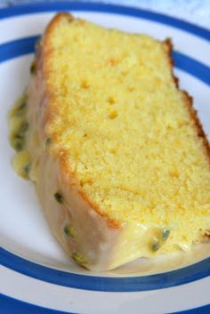 a piece of cake sitting on top of a blue and white plate