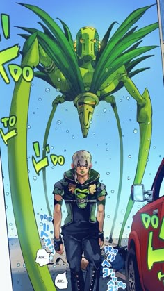 an anime character is standing in front of a giant green plant with words written on it