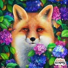 a painting of a fox surrounded by purple flowers and butterflies with butterfly's in the background