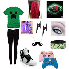 a woman with red hair is wearing black pants and green t - shirt while holding a video game controller