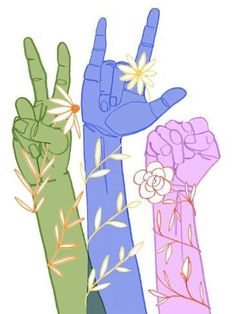 four different colored hand gestures with flowers and leaves in the middle one pointing at something