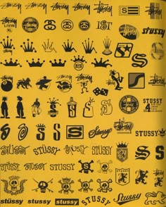 an image of various logos and symbols on a yellow background with black lettering in the middle