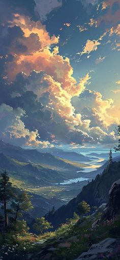 the sky is filled with clouds and some trees on top of a hill overlooking a body of water