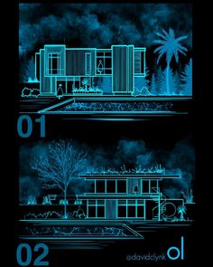 two blueprints showing the front and back sides of a house with palm trees in the background