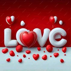 the word love is surrounded by red and white balloons in the shape of heart shapes