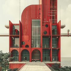 an artistic rendering of a red building with stairs leading up to it