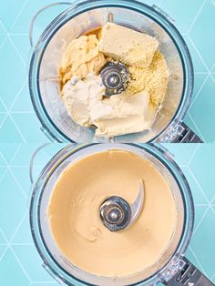 two blenders filled with different types of food on top of a blue countertop