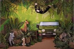 an image of a jungle scene with giraffes, zebras and jeep