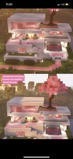 two different views of a house in the middle of some trees and bushes, one is pink