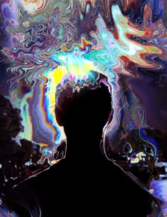 the silhouette of a man in front of an abstract background with swirls and colors