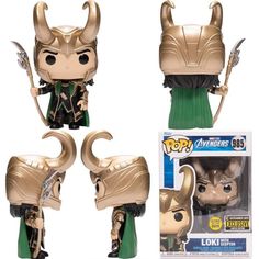 the avengers movie loki pop vinyl figure is shown in three different poses, including one with horns