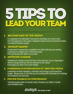 the five tips to lead your team info sheet is shown in green and yellow colors