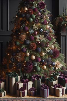 a decorated christmas tree with presents under it