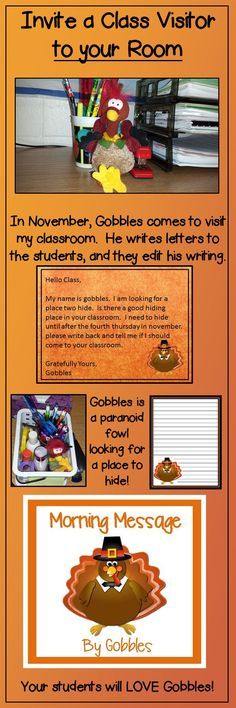 an orange flyer with thanksgiving decorations and writing on it, including the words'in november, gobbles comes to visit my students