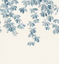 blue and white wallpaper with green leaves on the left hand side, in an off - white background