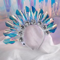 Gorgeous festival headdress, Perfect for making you feel fabulous and steal the spotlight.  This crown is called the disco light up crown and looks amazing on the dance floor. Comes with LED lights and has an amazing holographic background ⭐🌟 All of my disco ball products are coated in resin to make sure none of the mirror will ever fall of. This makes them durable and really strong so you can treasure your items for years to come ⭐🌟. Matching earrings are available to buy separately. Please p Disco Ball Mirror, Holographic Background, Nightclub Party, Halloween Supplies, Disco Lights, Headband Tiara, Hair Hoops, Costume Hats, Disco Ball