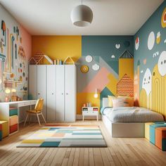 a child's bedroom with colorful walls and flooring, painted in bright colors