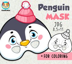 a penguin mask with a pink hat on it's head and the words penguins for coloring