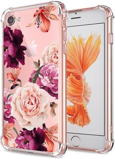 an iphone case with flowers on the front and back cover in pink, orange and purple