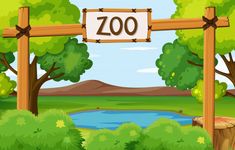 a zoo sign hanging from the side of a wooden frame over a pond and trees