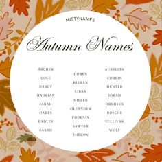 an autumn name chart with leaves and flowers in the middle, on a pink background