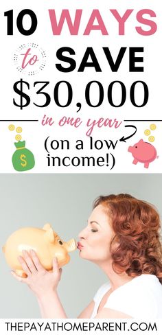 a woman holding a piggy bank with the words 10 ways to save $ 50, 000