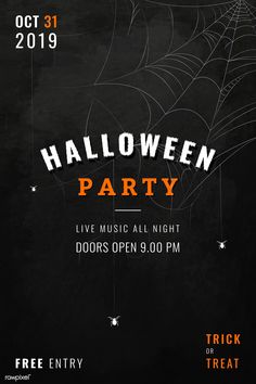 halloween party flyer with spider web and bats on the black background, free entry to trick or treat