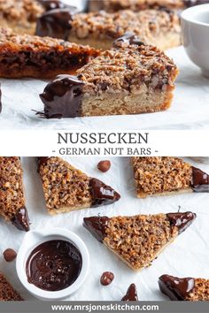 chocolate covered nut bars on top of parchment paper next to cups and spoons with text overlay