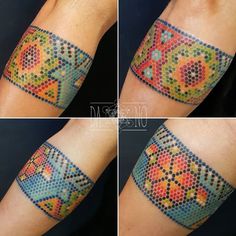 four pictures of different colored designs on the arm and leg, all with dots in them