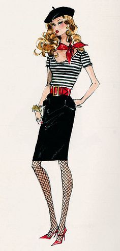 a drawing of a woman in black and white striped shirt and skirt with red bow