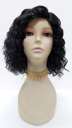 "100% human hair short style lace front wig with curls and lace side part. Inside cap has 3 combs and adjustable elastic straps for a secure fit. Color: Off Black (1B) Style: 12 inches, Short and Curly Circumference: Default at 21\" with adjustable cap (max 22\") Materials: 100% Human Hair All sales are final. Please read all store policies before purchasing." Wig With Curls, Lace Side Part, Style Lace Front Wig, Lace Front Short, Side Part Wig, Back Combing, Black Curly, Lace Side, Side Part